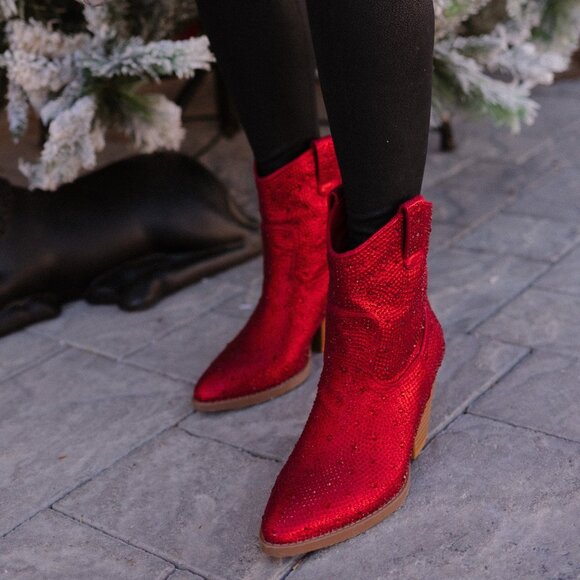 New Red Rhinestone Cowgirl Cowboy Western Ankle Boots Booties Block Heel Pull-On - Picture 3 of 6